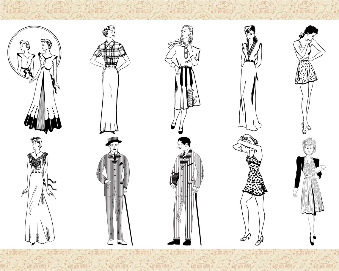 1940s Fashion Line Art Vector Graphics, AI EPS PNG (35 Files) - Etsy
