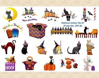 Halloween Animals Clip Art, 20 PNG Files, 300 DPI, Halloween Cats, Owls, Bats