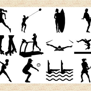 Pu&ograve; includere: Silhouettes di persone che praticano vari sport, tra cui la corsa, il pattinaggio a rotelle, il sollevamento pesi, la corsa sul tapis roulant, il nuoto, la ginnastica e il tennis.