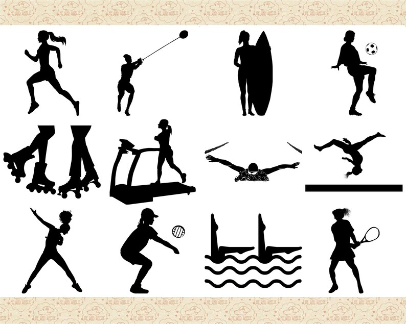 Pu&ograve; includere: Silhouettes di persone che praticano vari sport, tra cui la corsa, il pattinaggio a rotelle, il sollevamento pesi, la corsa sul tapis roulant, il nuoto, la ginnastica e il tennis.