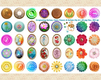 Scrapbooking Buttons, Fabric Flowers Clip Art - 40 PNG Files (300 dpi) Digital Download