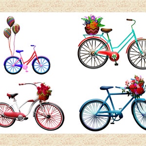 May include: Four bicycles with different styles and colors. One bicycle has a basket of flowers, another has balloons, and the other two have baskets of flowers.