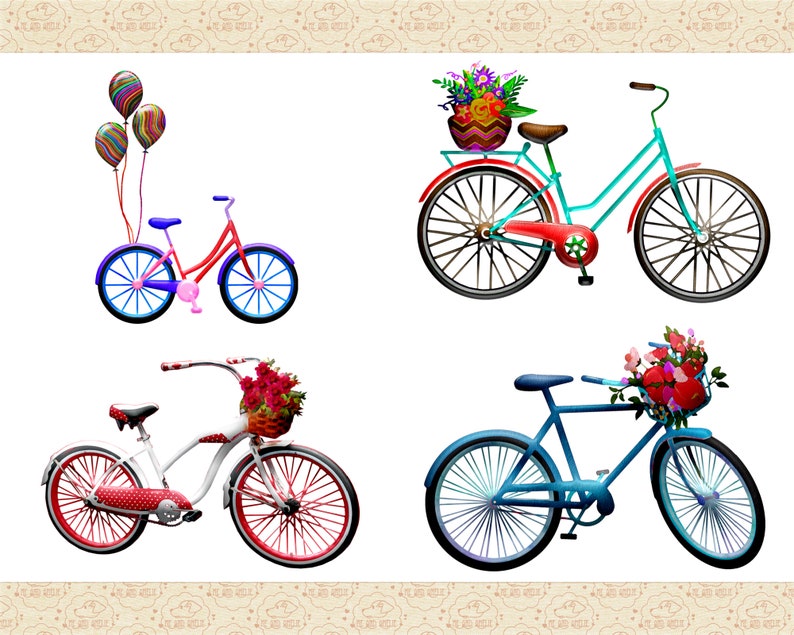 May include: Four bicycles with different styles and colors. One bicycle has a basket of flowers, another has balloons, and the other two have baskets of flowers.