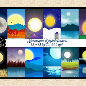 Moonscapes Digital Papers, Papel de parede Moonlit Sky, Festival de meio do outono, Luar nas montanhas, Cenário de luar na água, Comercial OK