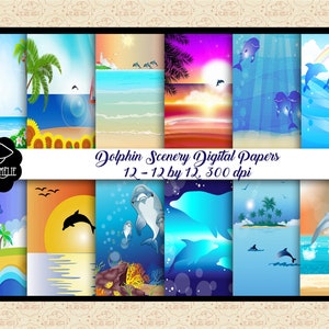 Papéis digitais de variedade de cenário de golfinhos, golfinhos, cenário do oceano, papel de parede do mar, fundo do nascer do sol, subaquático, palmeiras, OK comercial