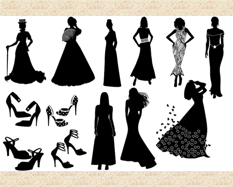 Formal Dressed Women & Shoes AI and PNG ClipArt Not a SVG, Be Aware Women Fashion Silhouettes, Long Dress Clip Art, Shoe ClipArt, Girls image 4