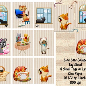 Folha de colagem de etiquetas de presente de gatos, siamês, gatinho, fabricação de cartão de presente, 9 etiquetas em papel tamanho 1 carta, impressão e corte, diários de lixo, comercial OK