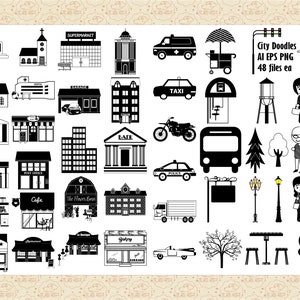 Stad doodles en silhouetten AI EPS (geen SVG) en png, stad gebouwen illustraties, mensen vector, bedrijf, voertuigen, restaurant, bushalte, taxi