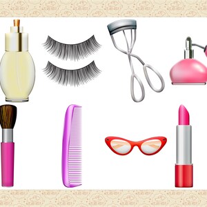 Peut inclure: Un ensemble d'outils de maquillage et de beaut&eacute; comprenant un flacon de parfum rose et blanc, un flacon de parfum rose et argent, un recourbe-cils argent&eacute;, deux paires de faux cils, un pinceau de maquillage rose, un peigne rose, un rouge &agrave; l&egrave;vres rouge, un rouge &agrave; l&egrave;vres rouge et une paire de lunettes de soleil rouges de forme &oelig;il de chat.
