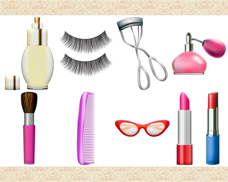 Peut inclure: Un ensemble d'outils de maquillage et de beaut&eacute; comprenant un flacon de parfum rose et blanc, un flacon de parfum rose et argent, un recourbe-cils argent&eacute;, deux paires de faux cils, un pinceau de maquillage rose, un peigne rose, un rouge &agrave; l&egrave;vres rouge, un rouge &agrave; l&egrave;vres rouge et une paire de lunettes de soleil rouges de forme &oelig;il de chat.