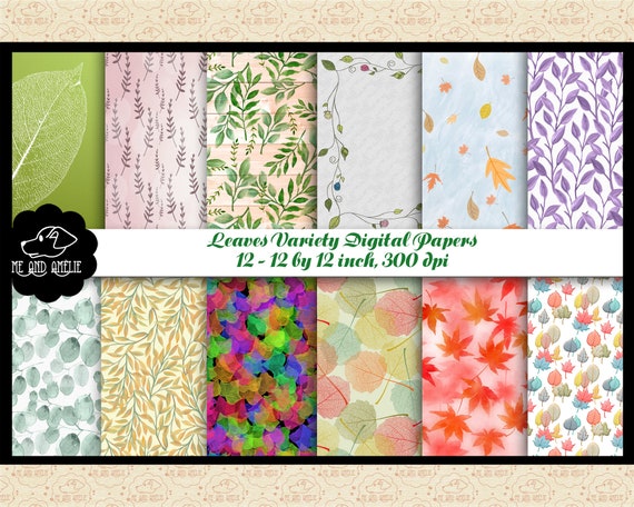 Watercolor Leaves Digital Paper Pack, Floral Scrapbook Patterns (Digital Download)