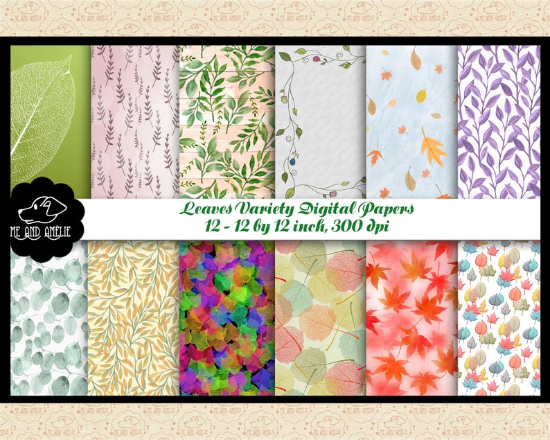 May include: Twelve digital papers featuring various leaf patterns. The papers are 12 by 12 inches and 300 dpi. The patterns include green leaves, purple leaves, red leaves, and watercolour leaves.