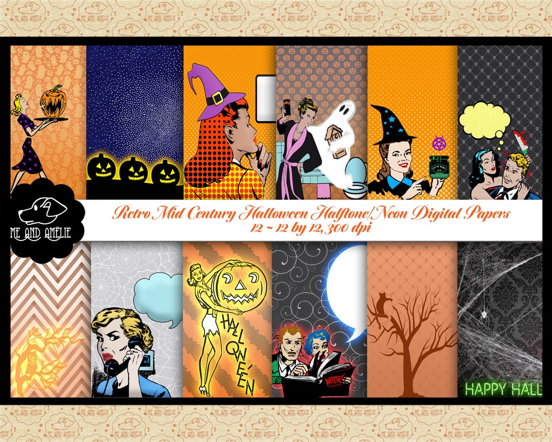 Halloween Retro Mid Century Modern Digital Papers, Halftone, Halloween