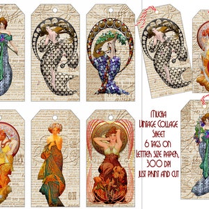 Folha de colagem de etiquetas para presentes Mucha, Art Nouveau, CC0 Public Domain, 6 etiquetas em um papel tamanho carta, impressão e corte, diários indesejados, comercial OK