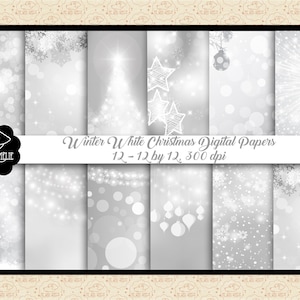 Papéis digitais de férias em branco de inverno, papel de Natal, prata/branco, fundo nevado e bokeh, papéis digitais de luzes de fada, comercial OK