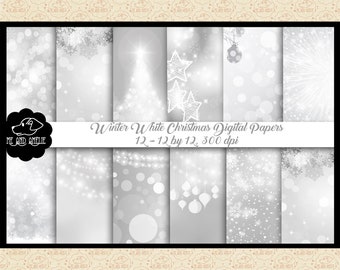 Winter White Holiday Digital Papers, Christmas Paper, Silver/White, Snowy & Bokeh Background, Fairy Lights Digital Papers, Commercial OK