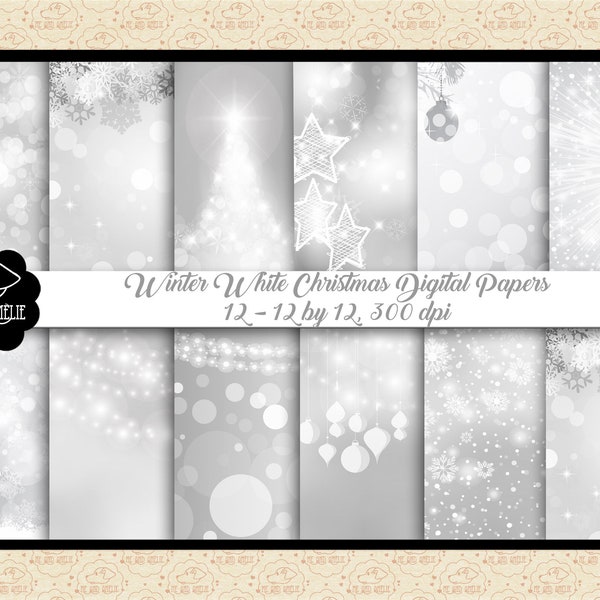 Winter White Holiday Digital Papers, Christmas Paper, Silver/White, Snowy & Bokeh Background, Fairy Lights Digital Papers, Commercial OK
