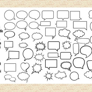 Könnte beinhalten: Ein Satz von 48 schwarzen und weißen Sprechblasen im Comic-Stil in verschiedenen Formen und Größen, darunter Kreise, Quadrate, Rechtecke, Sterne und Wolken. Die Blasen sind für den Einsatz in digitalen oder gedruckten Comics, Graphic Novels oder anderen kreativen Projekten gedacht.