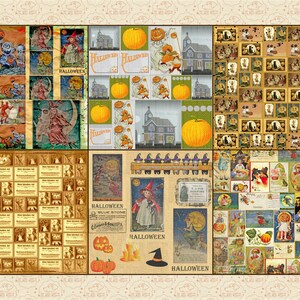 Puede incluir: Un collage vintage de Halloween con im&aacute;genes de calabazas, brujas, gatos y otros personajes espeluznantes. El collage est&aacute; hecho de varias postales, ilustraciones y ef&iacute;meras vintage. El texto "Halloween" aparece varias veces en el collage.
