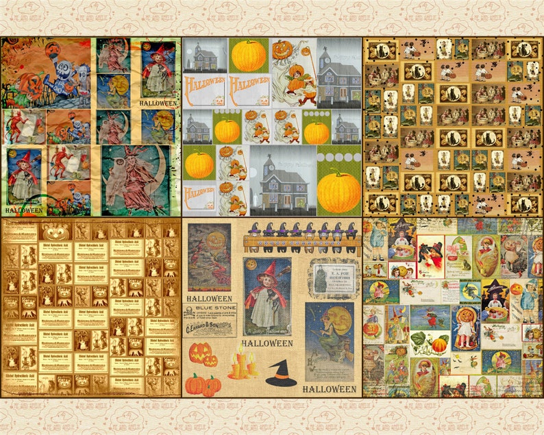 Puede incluir: Un collage vintage de Halloween con im&aacute;genes de calabazas, brujas, gatos y otros personajes espeluznantes. El collage est&aacute; hecho de varias postales, ilustraciones y ef&iacute;meras vintage. El texto "Halloween" aparece varias veces en el collage.