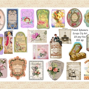 ClipArt di scarti di oggetti effimeri francesi, pubblicità francese, clipart francesi vintage, etichette francesi, oggetti effimeri vintage, annunci di profumi, uso commerciale OK