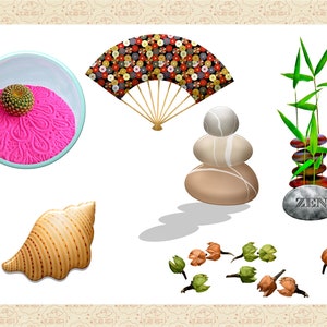 May include: A collection of zen garden decor items, including a pink sand tray with a small cactus, a hand fan with a colorful pattern, a stack of smooth stones, a bamboo plant with a stone base that says "ZEN", and a seashell.