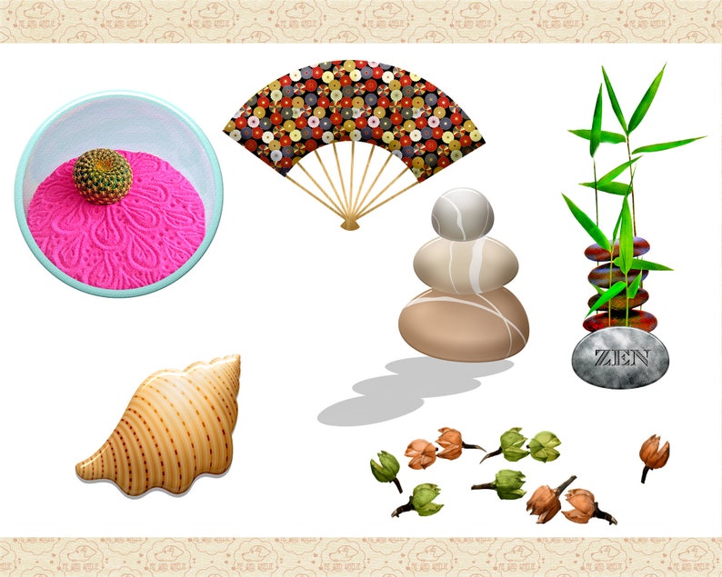 May include: A collection of zen garden decor items, including a pink sand tray with a small cactus, a hand fan with a colorful pattern, a stack of smooth stones, a bamboo plant with a stone base that says "ZEN", and a seashell.