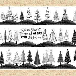 May include: A set of 34 black and white hand-drawn winter tree illustrations. The trees are in various styles and sizes, perfect for adding a festive touch to your designs. "Winter Trees & Foreground AI EPS PNG, 34 files ea"