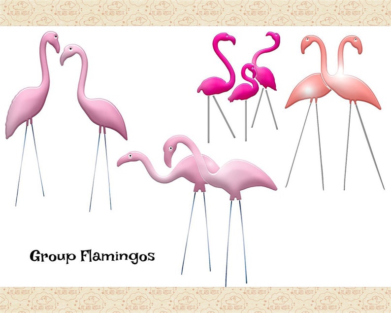 May include: A group of pink plastic flamingos with long, thin legs. The flamingos are arranged in different poses, some standing tall and others with their necks bent. The flamingos are a popular lawn decoration.