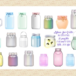 Mason Jar Vector AI EPS  PNG, Simple Jar Clip Art, Mason Jar w/Fireflies, Canning Jars, Metal Lids, Jam Jar, You Decorate, Commercial 0K