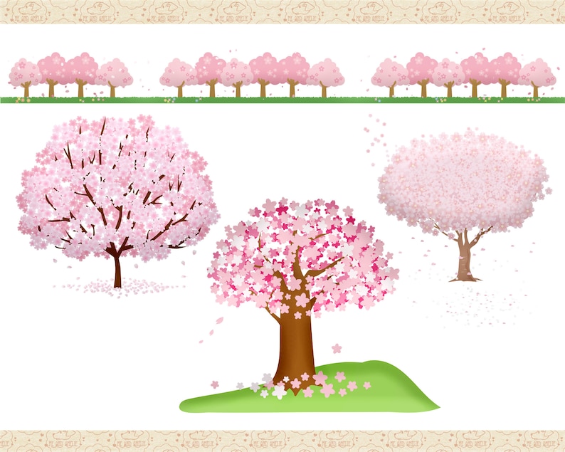 Sakura Japanese Cherry Blossom Tree Clip Art, Springtime Trees, Pink Blossom Trees, Tree Grove ClipArt, Commercial OK image 2