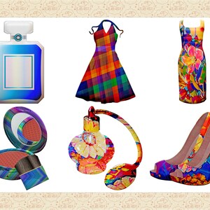Peut inclure: Un ensemble d'accessoires de mode color&eacute;s comprenant une robe &agrave; carreaux, une robe &agrave; fleurs, une paire de talons hauts &agrave; fleurs, un flacon de parfum floral, un flacon de parfum bleu et un compact avec un pinceau.