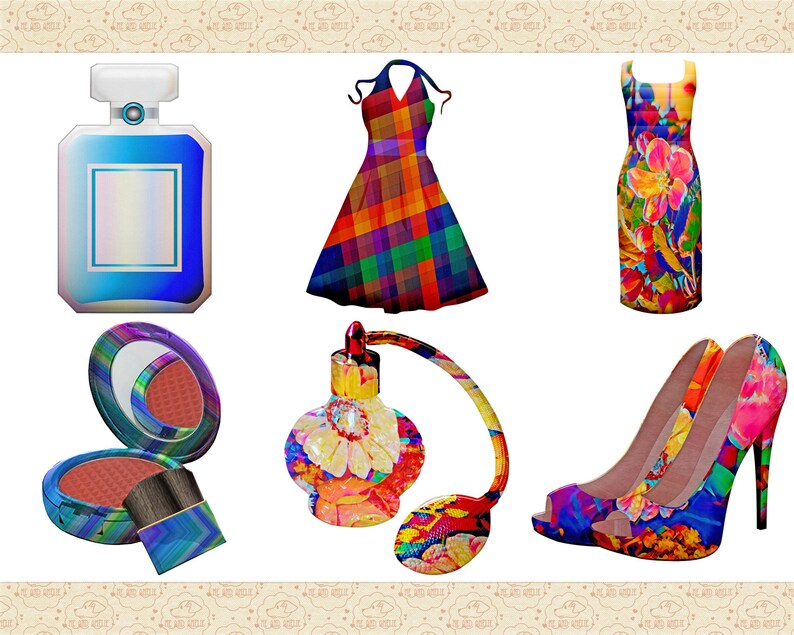 Peut inclure: Un ensemble d'accessoires de mode color&eacute;s comprenant une robe &agrave; carreaux, une robe &agrave; fleurs, une paire de talons hauts &agrave; fleurs, un flacon de parfum floral, un flacon de parfum bleu et un compact avec un pinceau.
