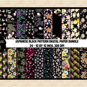 Papéis digitais com padrões e designs pretos japoneses, 24 papéis no total, leques japoneses, guindastes, Sakura, padrões de quimono, comercial OK