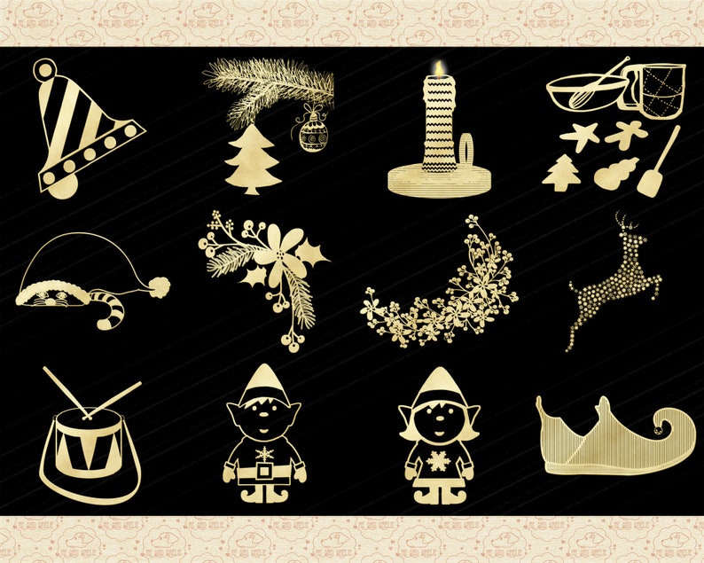 Gold Foil Christmas Doodles Clipart (PNG Files) image 2