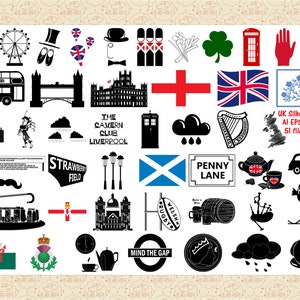 Puede incluir: Ilustraciones vectoriales en blanco y negro de varios símbolos del Reino Unido, que incluyen un autobús de dos pisos rojo, una cabina telefónica roja, una corona, una gaita, un arpa, un castillo, una bandera de Inglaterra, una bandera de Escocia, una bandera de Gales, una bandera de Irlanda, una bandera de Irlanda del Norte, un letrero de campo de fresas, un letrero que dice "Penny Lane", un letrero que dice "The Cavern Club Liverpool", un letrero que dice "Welsh Rugby", un letrero que dice "Haggis", un letrero que dice "Mind the Gap", un letrero que dice "Hessie", una noria, un par de zapatos, un bombín, un bigote, una nube con gotas de lluvia, una mano, un hombre barbudo, una flor, un trébol, un cardo, un dragón, un racimo de uvas, una tetera, un taxi, un tren, un puente, una iglesia, una farola y un cuadro de texto que dice "UK Silhouettes AI EPS PNG 51 files ea".