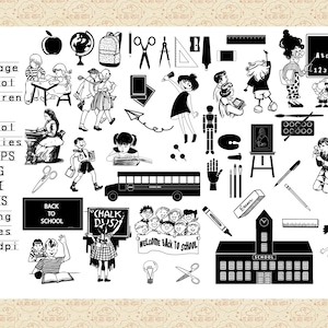 Vintage School Kids & School Supplies AI EPS (No SvG) PNG, Retro Children, Mid Century Modern, Back to School, School ClipArt, Commercial 0K