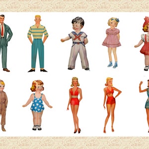 May include: A set of paper dolls featuring a variety of characters, including a sailor boy, a girl in a pink dress, a girl in a red dress, a boy in a blue shirt, a girl in a blue swimsuit, a girl in a red swimsuit, a girl in a blue dress, a boy in a brown jumpsuit, and a man in a suit. The dolls are all standing on a white background.