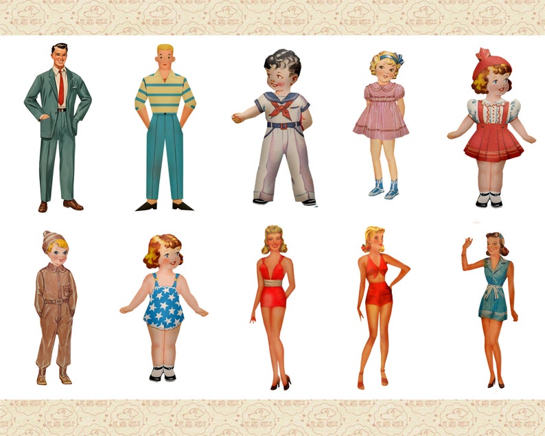 May include: A set of paper dolls featuring a variety of characters, including a sailor boy, a girl in a pink dress, a girl in a red dress, a boy in a blue shirt, a girl in a blue swimsuit, a girl in a red swimsuit, a girl in a blue dress, a boy in a brown jumpsuit, and a man in a suit. The dolls are all standing on a white background.