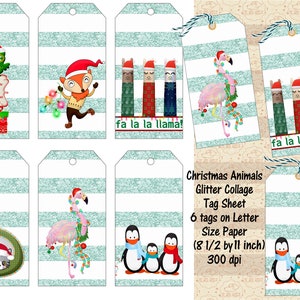 Folha de colagem de etiquetas de presente de animais de Natal, fabricação de cartões de presente, 6 etiquetas em um papel tamanho carta, impressão e corte, diários de lixo, comercial OK