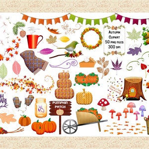 Autumn Clip Art Set, Fall Leaves, Pumpkin, Burlap (PNG Files)