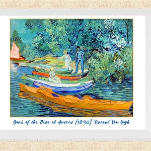 Pode incluir: Uma pintura de Vincent Van Gogh intitulada "Margem do Oise em Auvers (1890)" que retrata uma cena de rio com barcos e árvores em tons de azul, verde e amarelo.