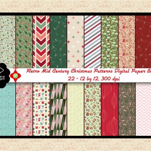 May include: A digital paper bundle with 22 retro mid-century Christmas patterns. The patterns include a variety of colors and designs, such as red, green, white, and pink. The patterns are 12 inches by 12 inches and 300 dpi.