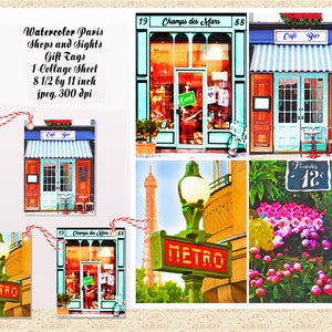 VENDA 99 CENTS, aquarela Paris lojas e pontos turísticos folha de colagem de etiquetas para presentes, confecção de cartões-presente, cartões de agradecimento, aquarelas de Paris, comercial OK