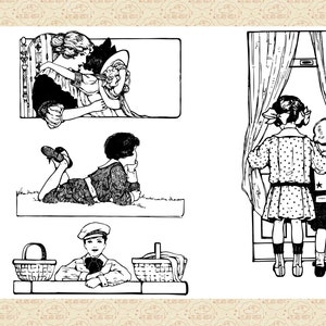 Op de afbeelding: Zwart-witte illustratie van vier kinderen. Twee meisjes kijken uit een raam, een meisje ligt op de grond en twee meisjes knuffelen.