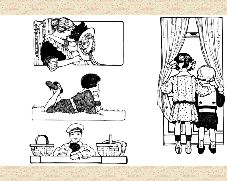 Op de afbeelding: Zwart-witte illustratie van vier kinderen. Twee meisjes kijken uit een raam, een meisje ligt op de grond en twee meisjes knuffelen.