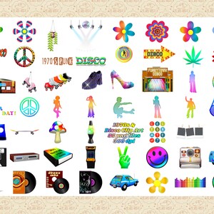 Könnte beinhalten: Eine Sammlung von 55 digitalen Clipart-Bildern im PNG-Format mit 1970er-Jahre- und Disco-Motiven. Die Bilder beinhalten Peace-Zeichen, Rollschuhe, Blumen, eine Discokugel, eine Lavalampe, ein Kassettenband, einen Ghettoblaster, ein Smiley, einen VW-Bus und vieles mehr. Die Bilder haben eine Auflösung von 300 dpi.