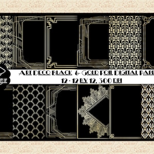Art Deco Black and Gold Foil  Digital Papers Gatsby Style, Art Nouveau, Roaring 20s, Flapper, 1920s Gatsby Wedding, Party Invitations, Signs
