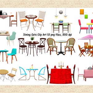 Images clipart d'ensembles de salle à manger, table et chaises, salle à manger formelle, clipart d'ensemble de bistrot, meubles de dinette, moderne Mid-Century, bougies sur table, vin, nourriture
