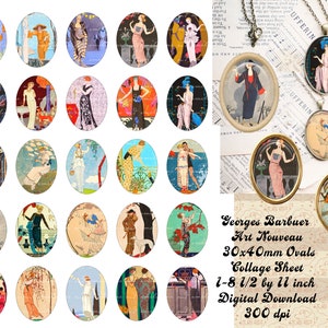 May include: A digital collage sheet of 24 Art Nouveau style oval images, each featuring a woman in a vintage dress. The images are 30mm x 40mm and are perfect for crafting projects. The sheet is 8.5 inches by 11 inches and has a resolution of 300 dpi.